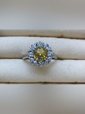 Yellow Halo Floral Cluster Ring with White Accents